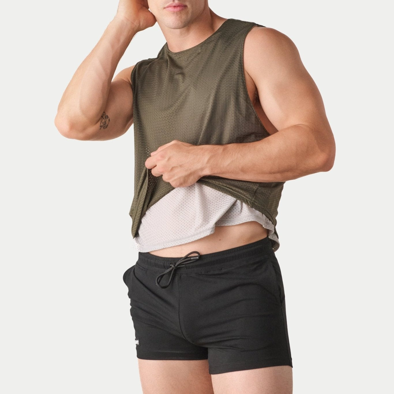 Awry Rookie Reversible Tank Army Green & Gray — men's mesh crop tank side one, front view