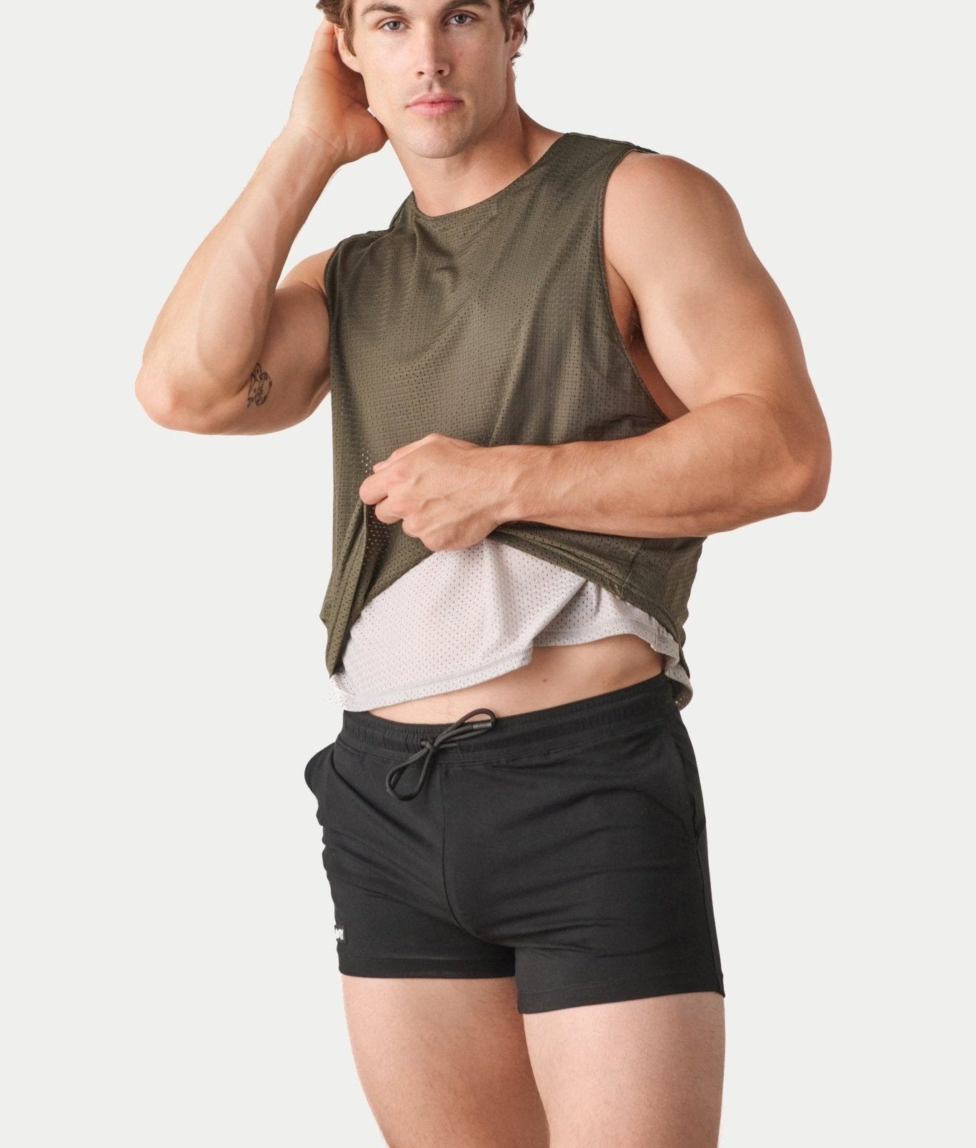 Awry Rookie Reversible Tank Army Green & Gray — men's mesh crop tank side one, front view