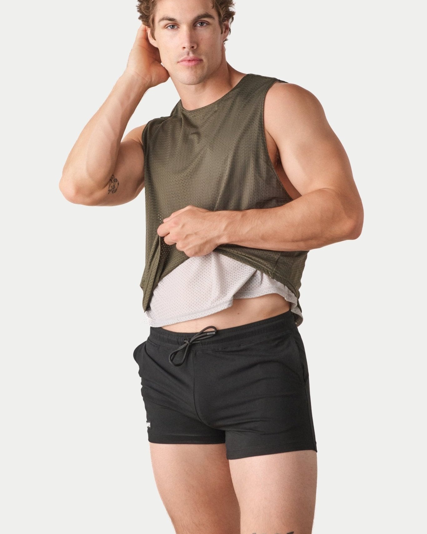 Awry Rookie Reversible Tank Army Green & Gray — men's mesh crop tank side one, front view