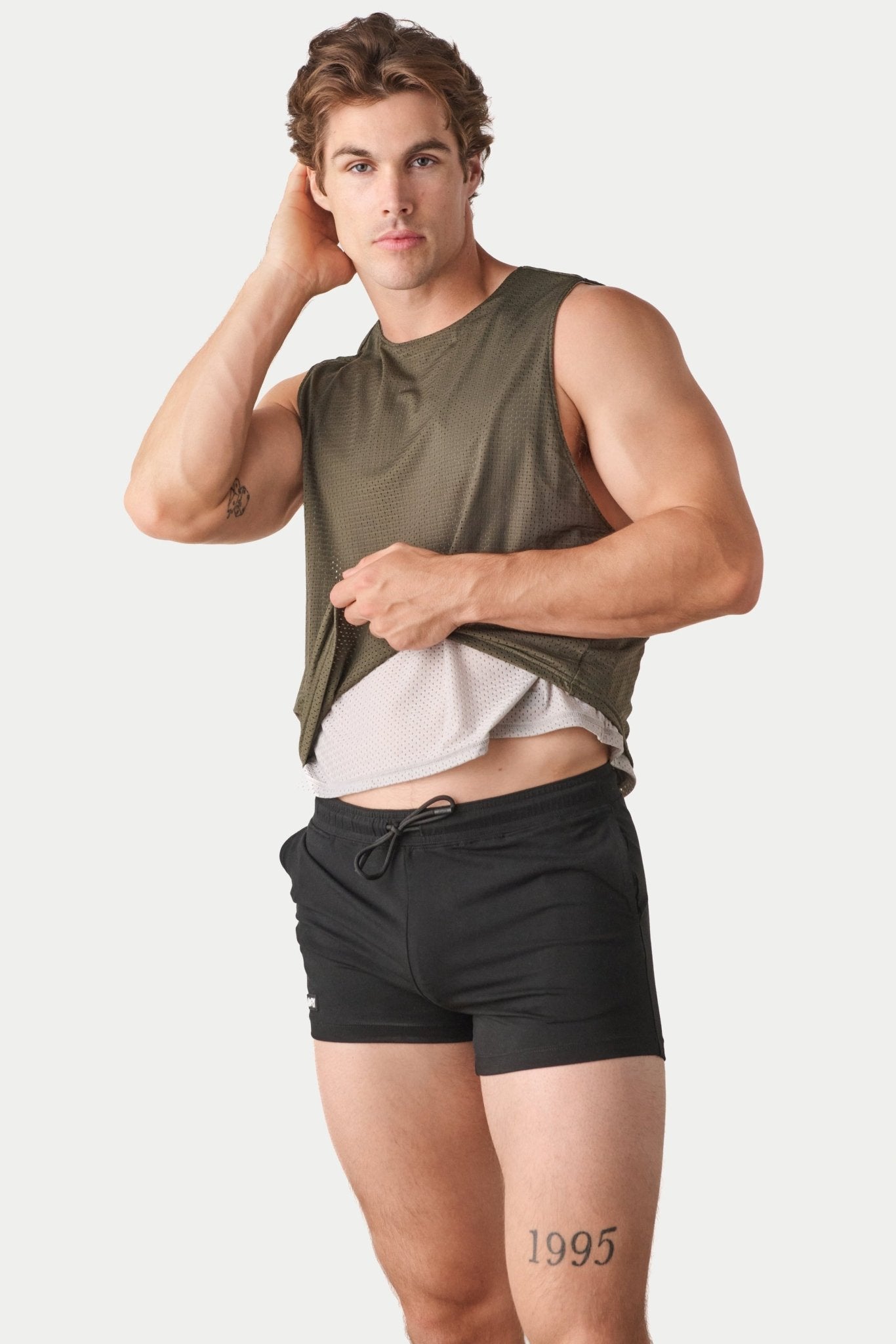 Awry Rookie Reversible Tank Army Green & Gray — men's mesh crop tank side one, front view