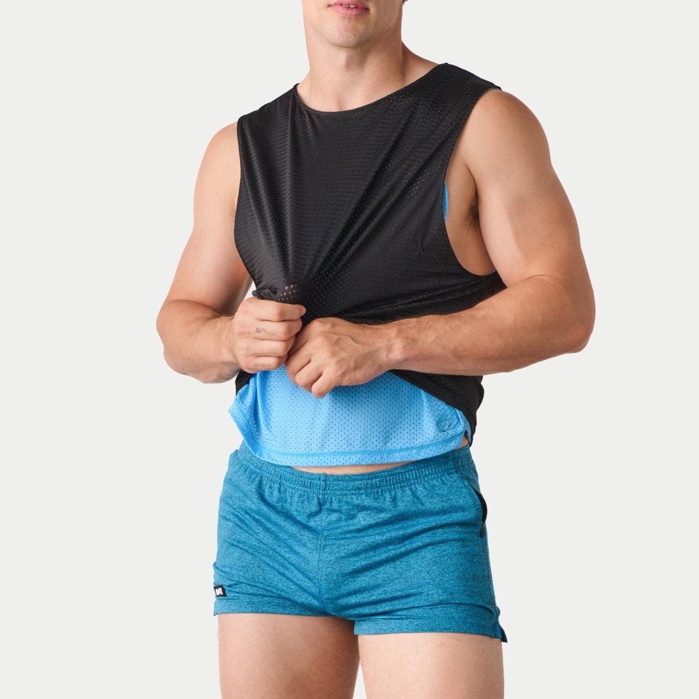 Awry Rookie Reversible Tank Black & Blue — men's mesh crop tank side one, front view