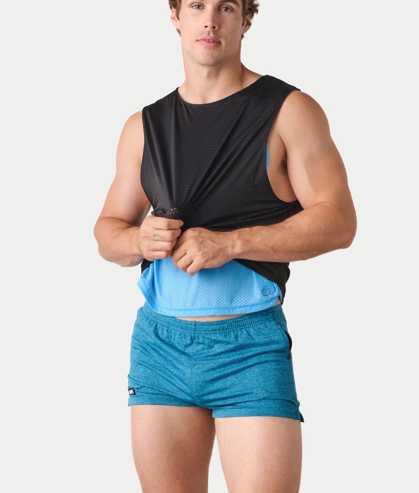 Awry Rookie Reversible Tank Black & Blue — men's mesh crop tank side one, front view