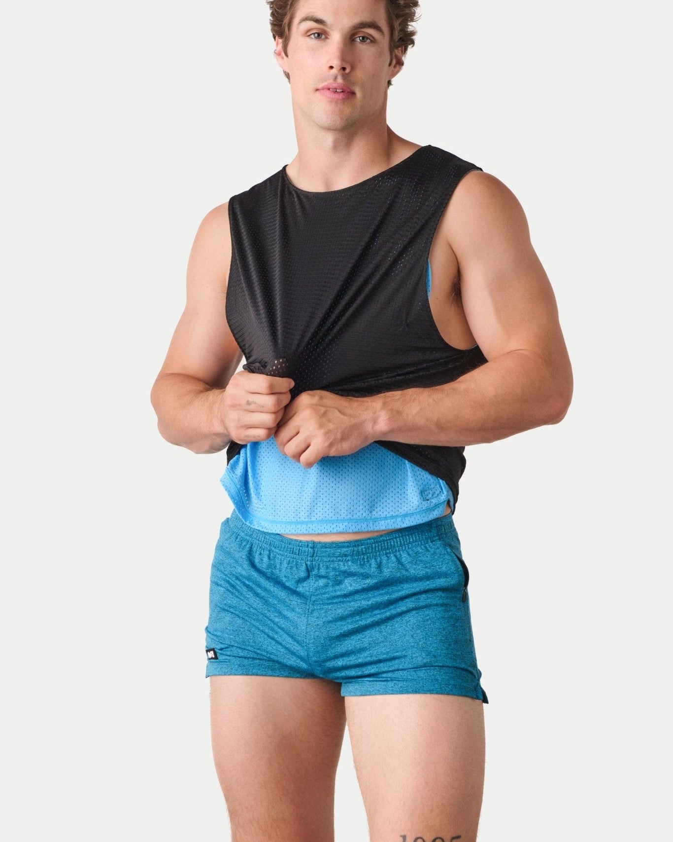 Awry Rookie Reversible Tank Black & Blue — men's mesh crop tank side one, front view