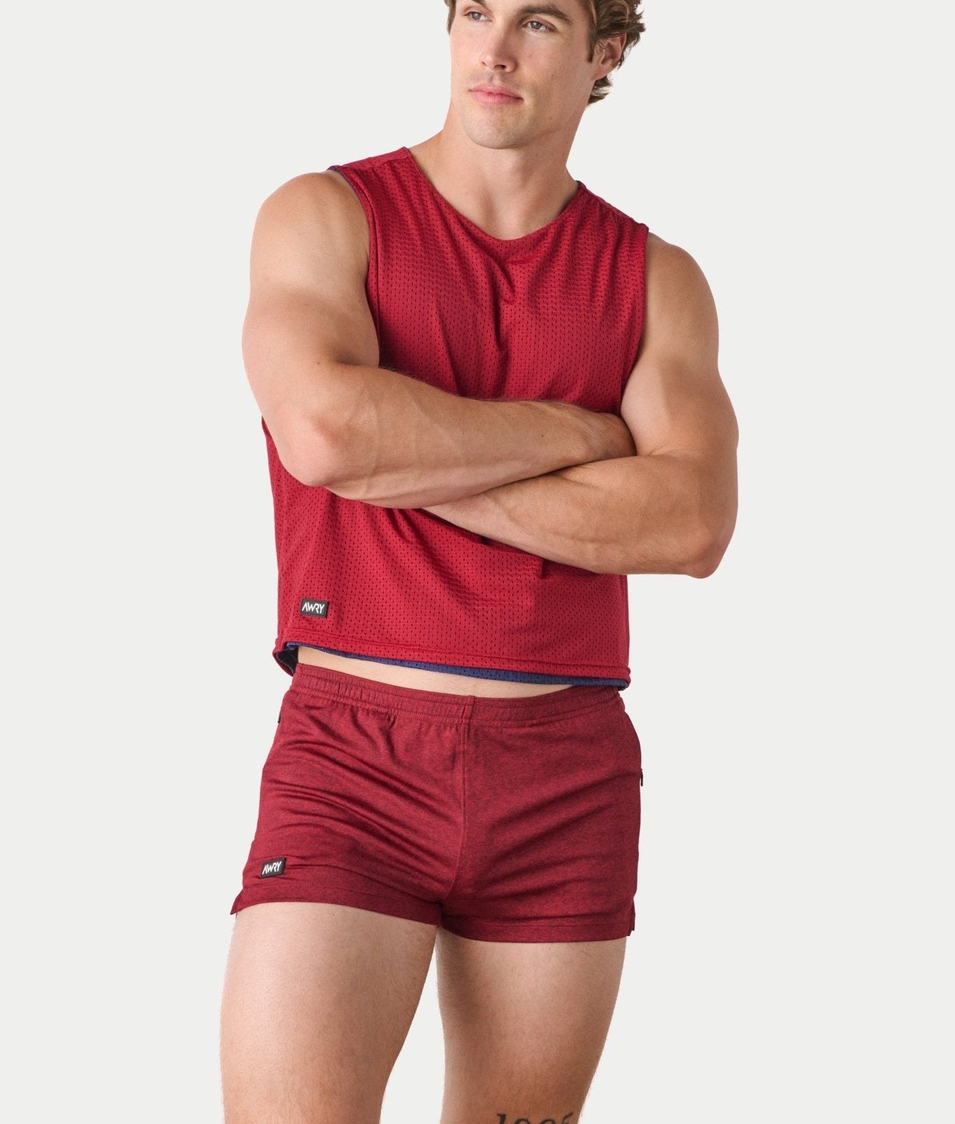 Awry Rookie Reversible Tank Navy & Red — detail of reversible mesh fabric and basketball jersey-inspired design