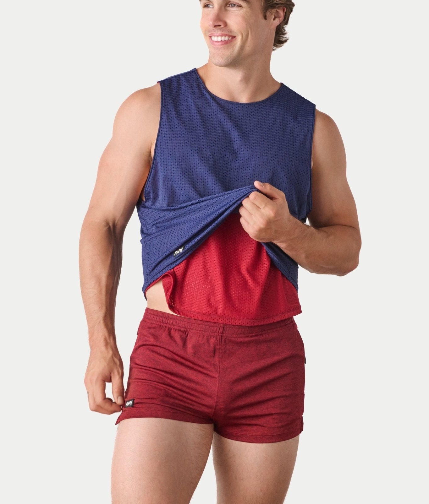 Awry Rookie Reversible Tank Navy & Red — men's mesh crop tank side one, front view