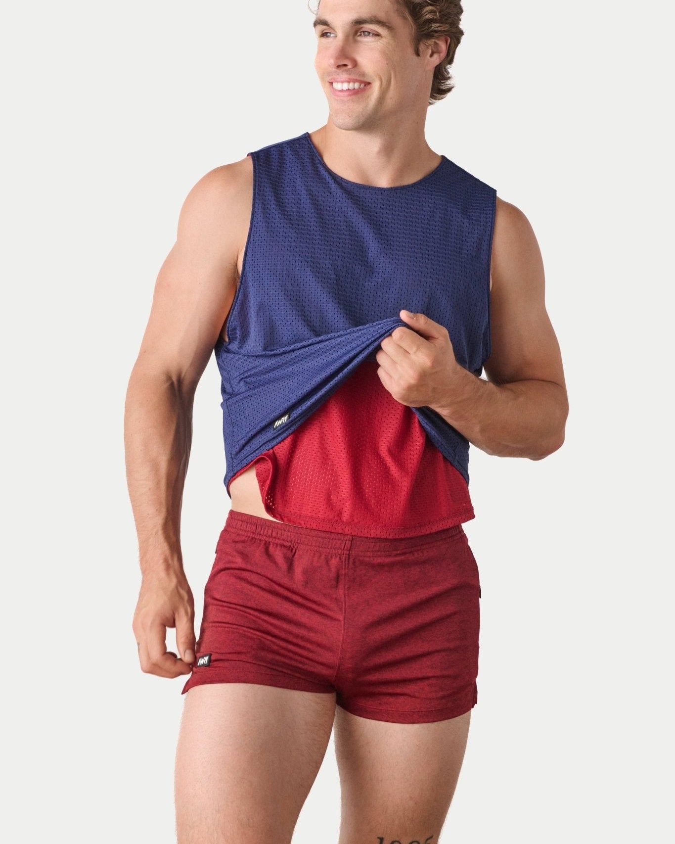 Awry Rookie Reversible Tank Navy & Red — men's mesh crop tank side one, front view