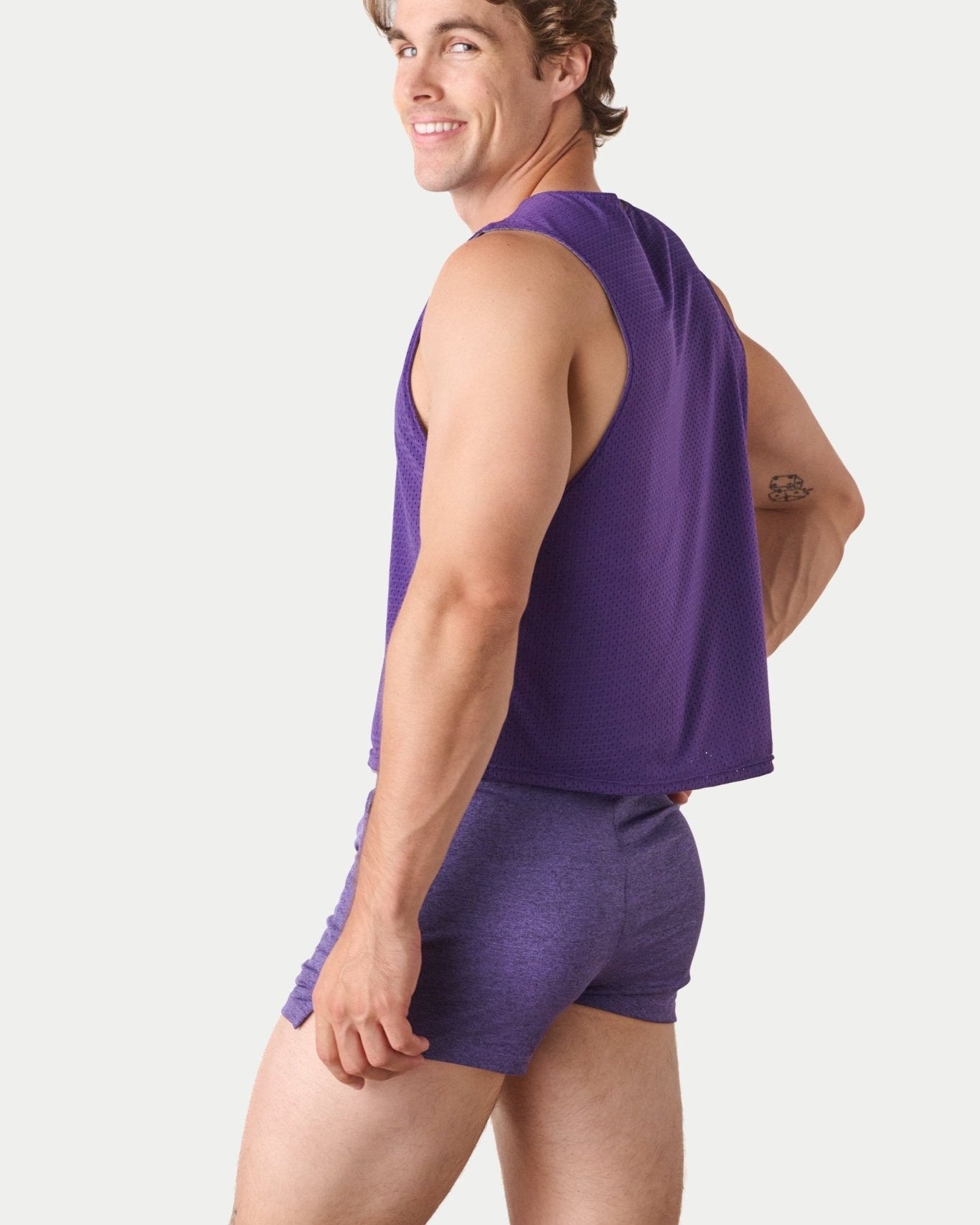 Awry Rookie Reversible Tank Purple & Slate — detail of reversible mesh fabric and basketball jersey-inspired design