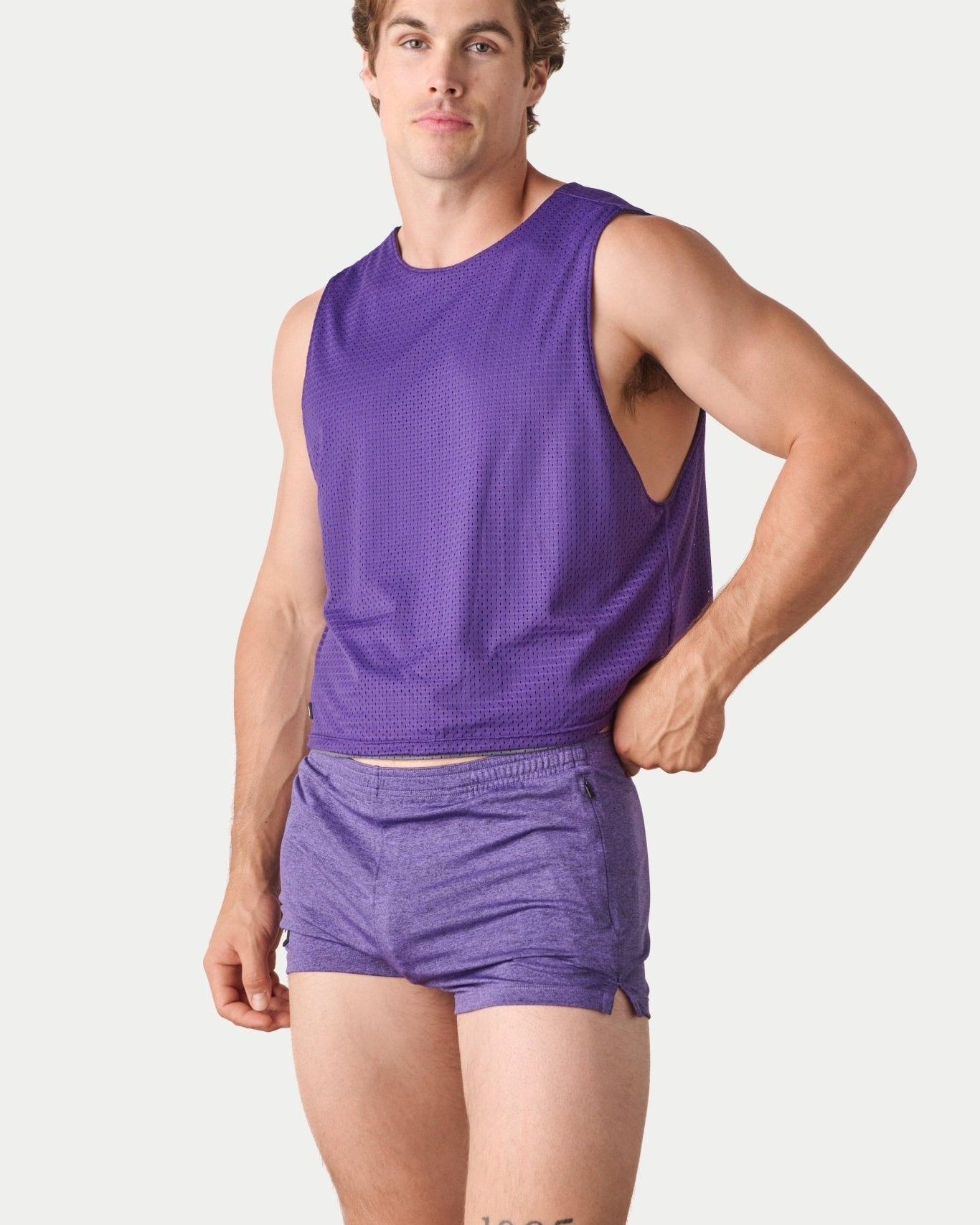 Awry Rookie Reversible Tank Purple & Slate — men's mesh crop tank side one, front view