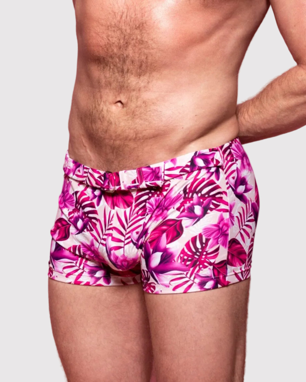Wayne Malibu Belted Trunk Sunset Print - mens swim trunks floral belt, front view