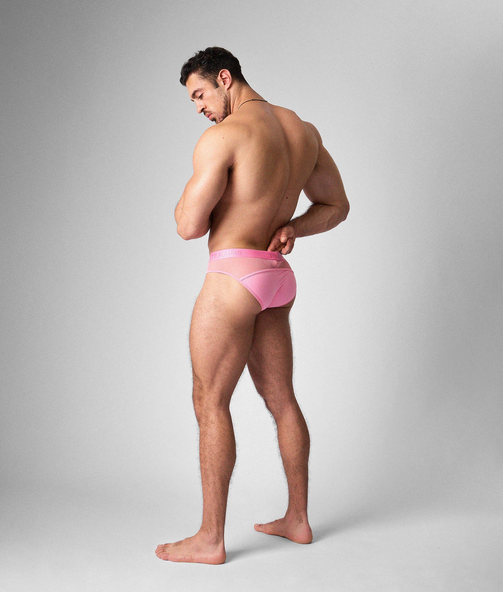 Teamm8 Score Sheer Slim Brief Blush - shaped front pouch detail close-up