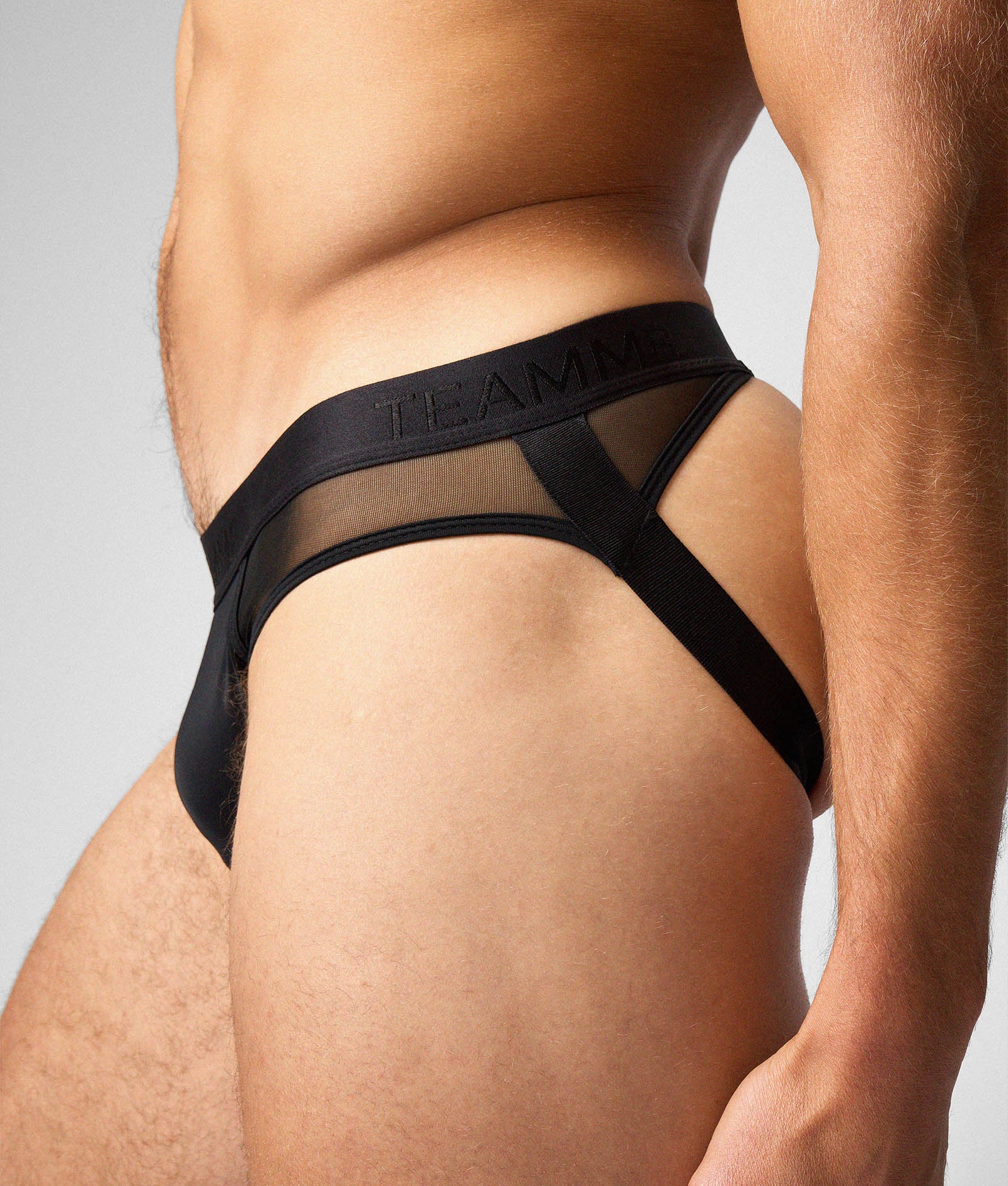Teamm8 Score Sheer Slim Jockstrap Onyx - tone-on-tone waistband detail close-up