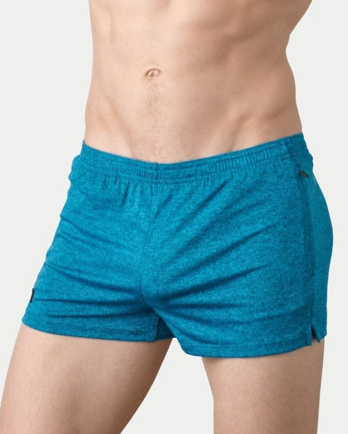 Awry Static Short Azure — men's 2-inch inseam heather print athletic short, front view