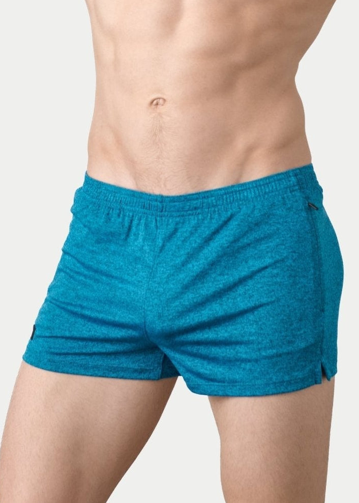 Awry Static Short Azure — men's 2-inch inseam heather print athletic short, front view
