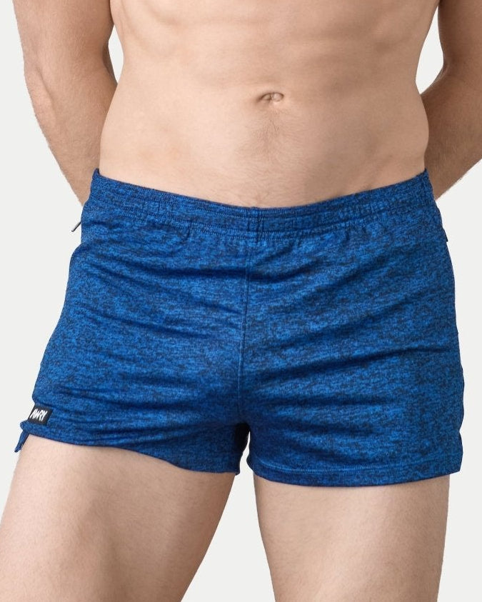 Awry Static Short Blue — men's 2-inch inseam heather print athletic short, front view