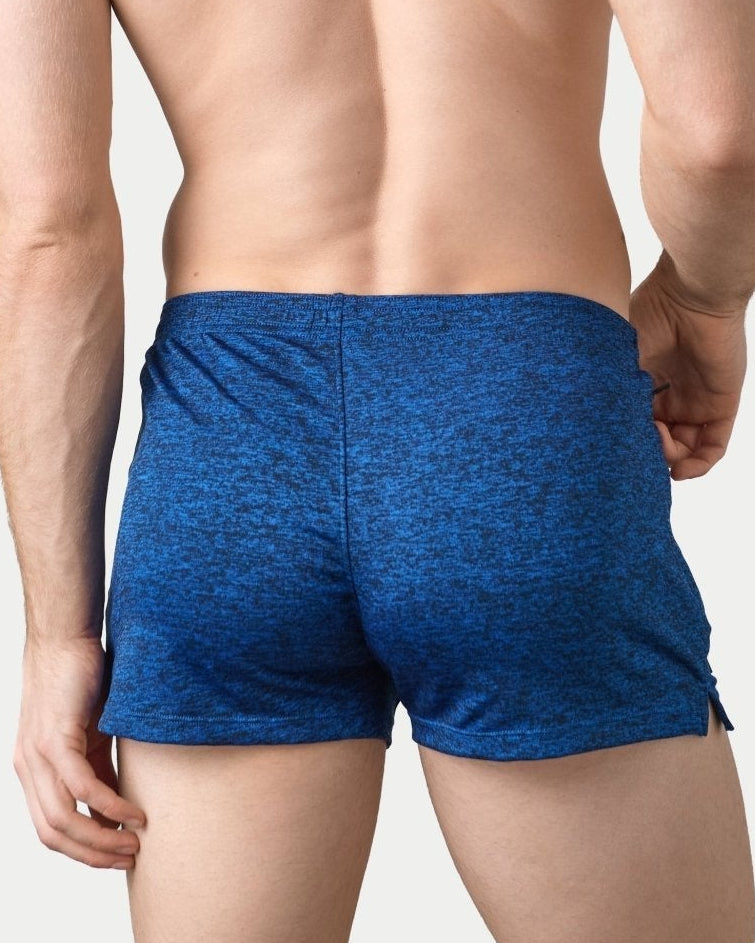 Awry Static Short Blue — side view showing hidden zipper pocket and clean elastic waistband
