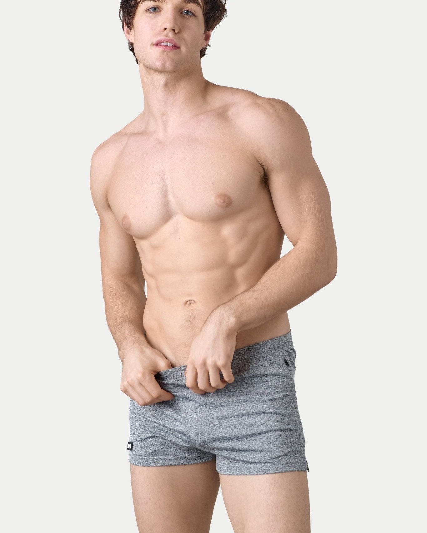 Awry Static Short Gray — close-up of static heather print fabric texture and rubber logo patch