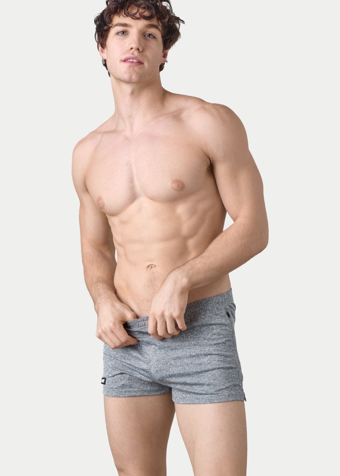 Awry Static Short Gray — close-up of static heather print fabric texture and rubber logo patch