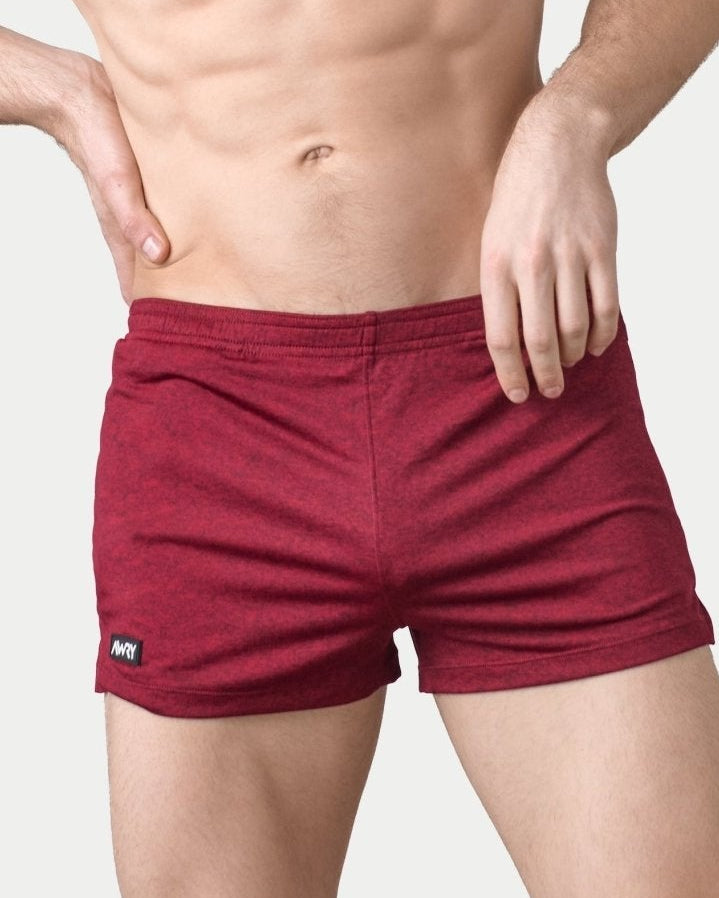 Awry Static Short Red — men's 2-inch inseam heather print athletic short, front view