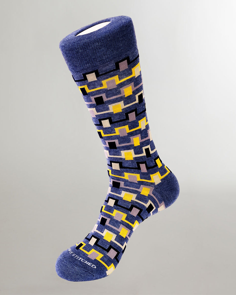 Unsimply Stitched Tabor Bricks Sock Heather-blue-yellow