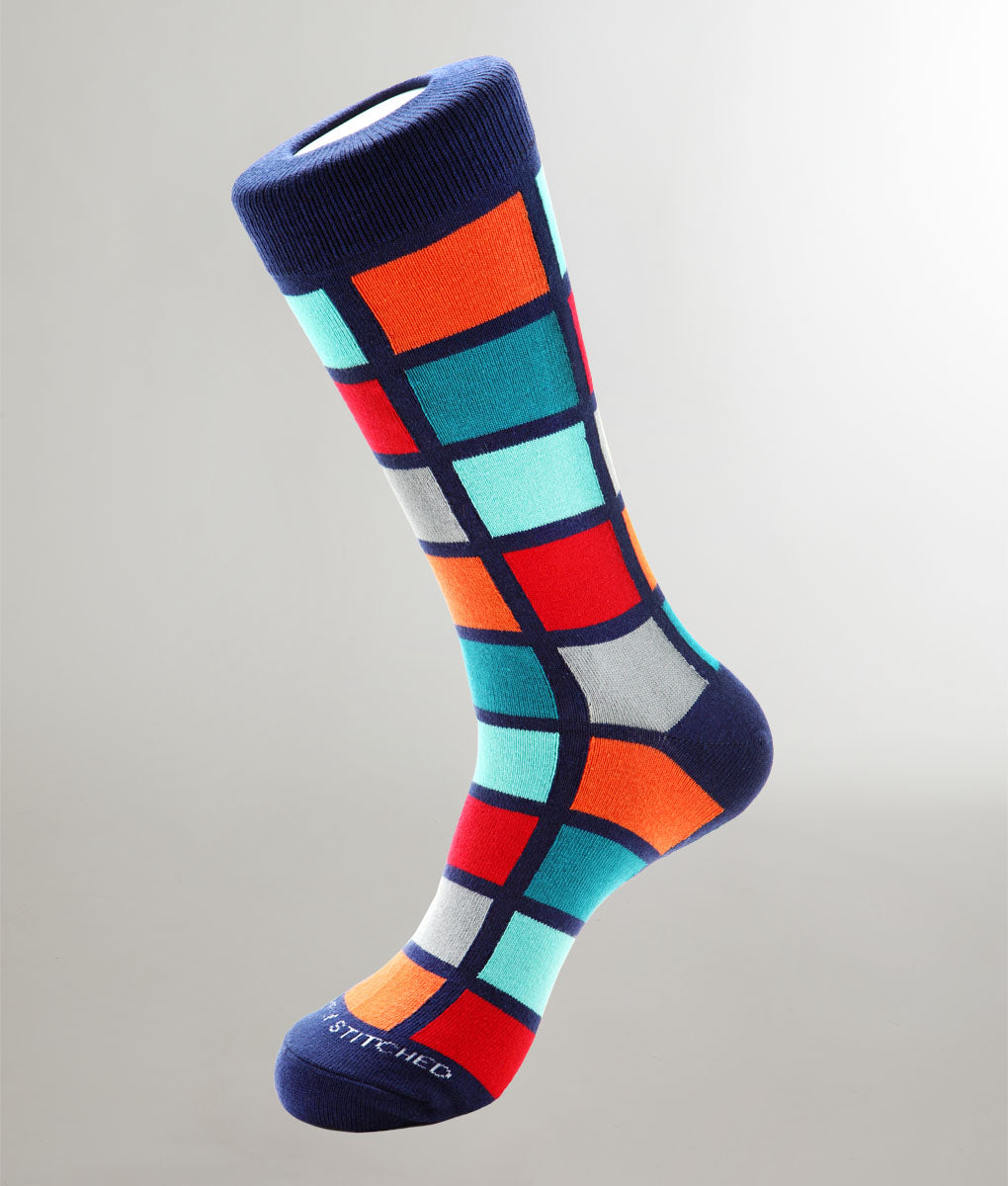 Unsimply Stitched Window Pane Sock Teal-grey-red-orange