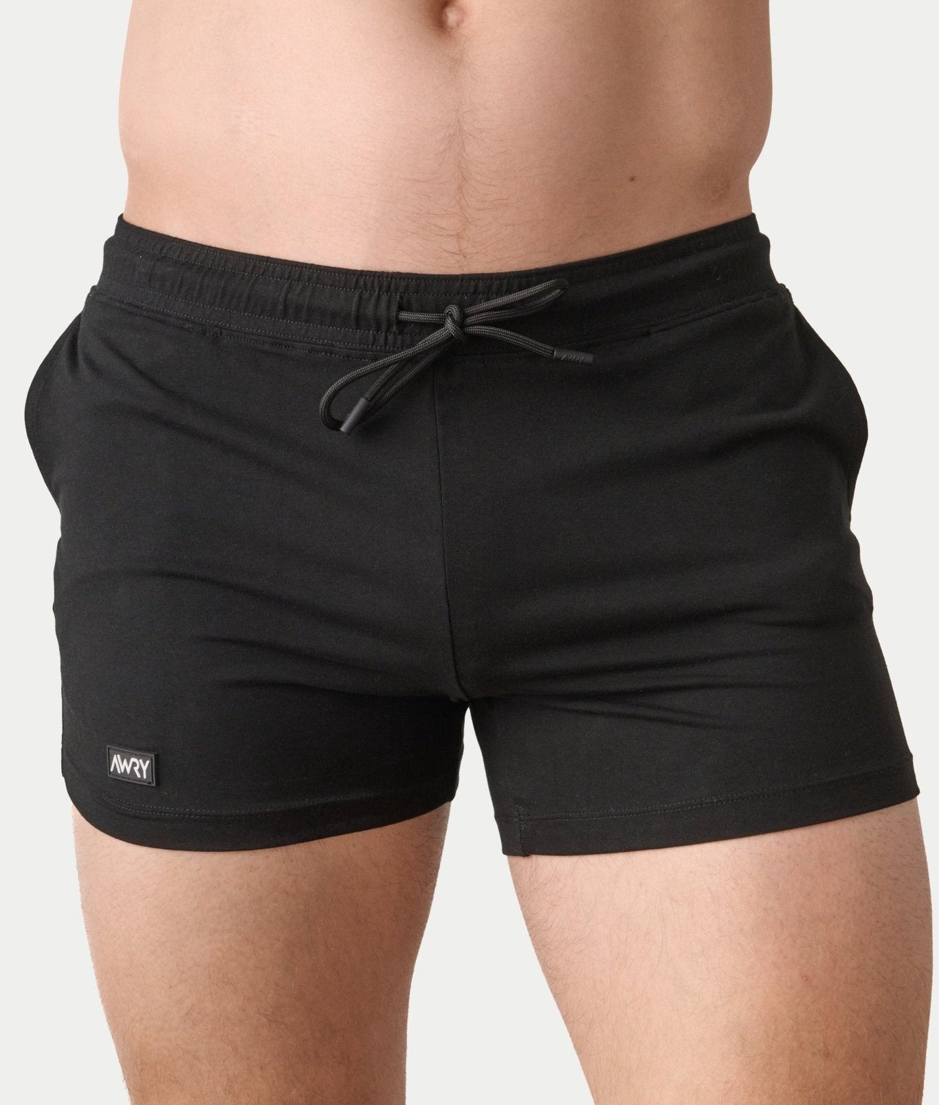 Awry Vers Short V2.1 Black — men's bamboo athletic short, front view showing form-fitting 4-inch inseam