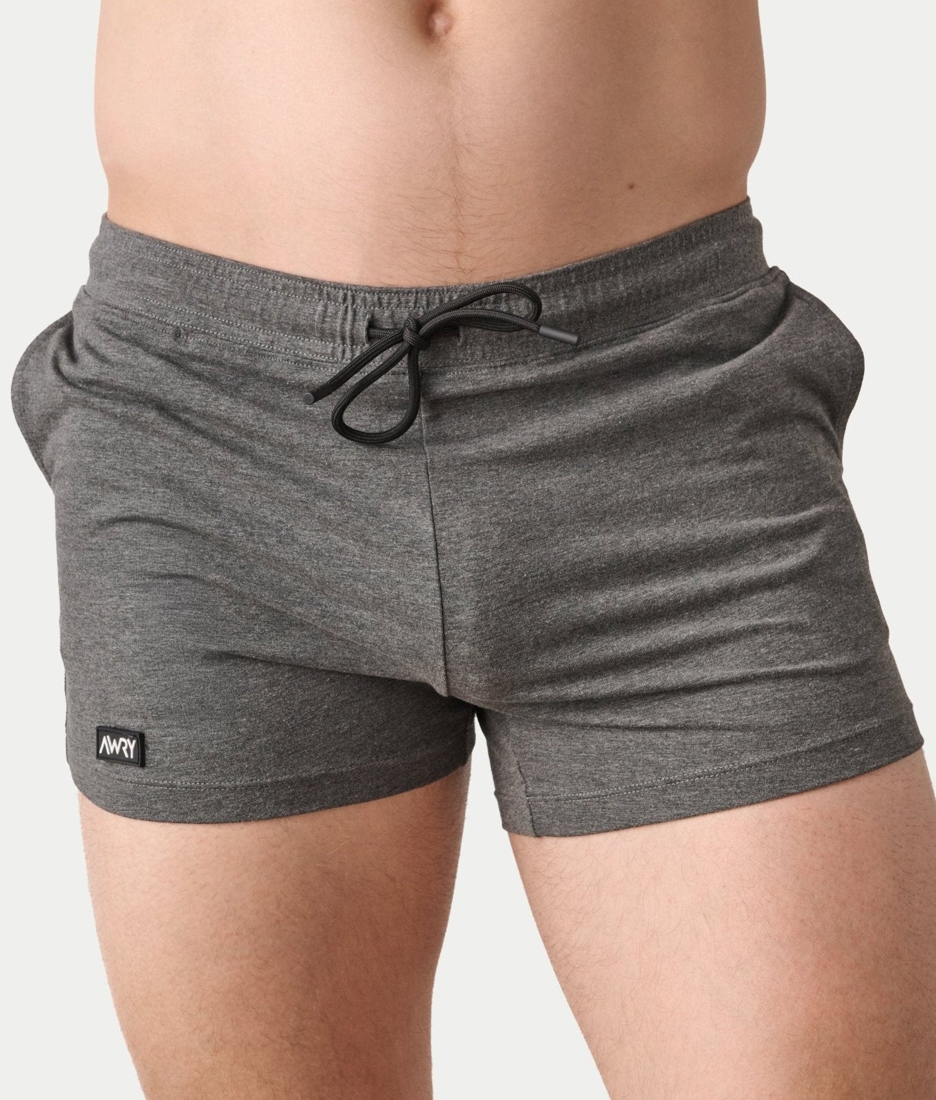 Awry Vers Short V2.1 Heather Gray — men's bamboo athletic short, front view showing form-fitting 4-inch inseam