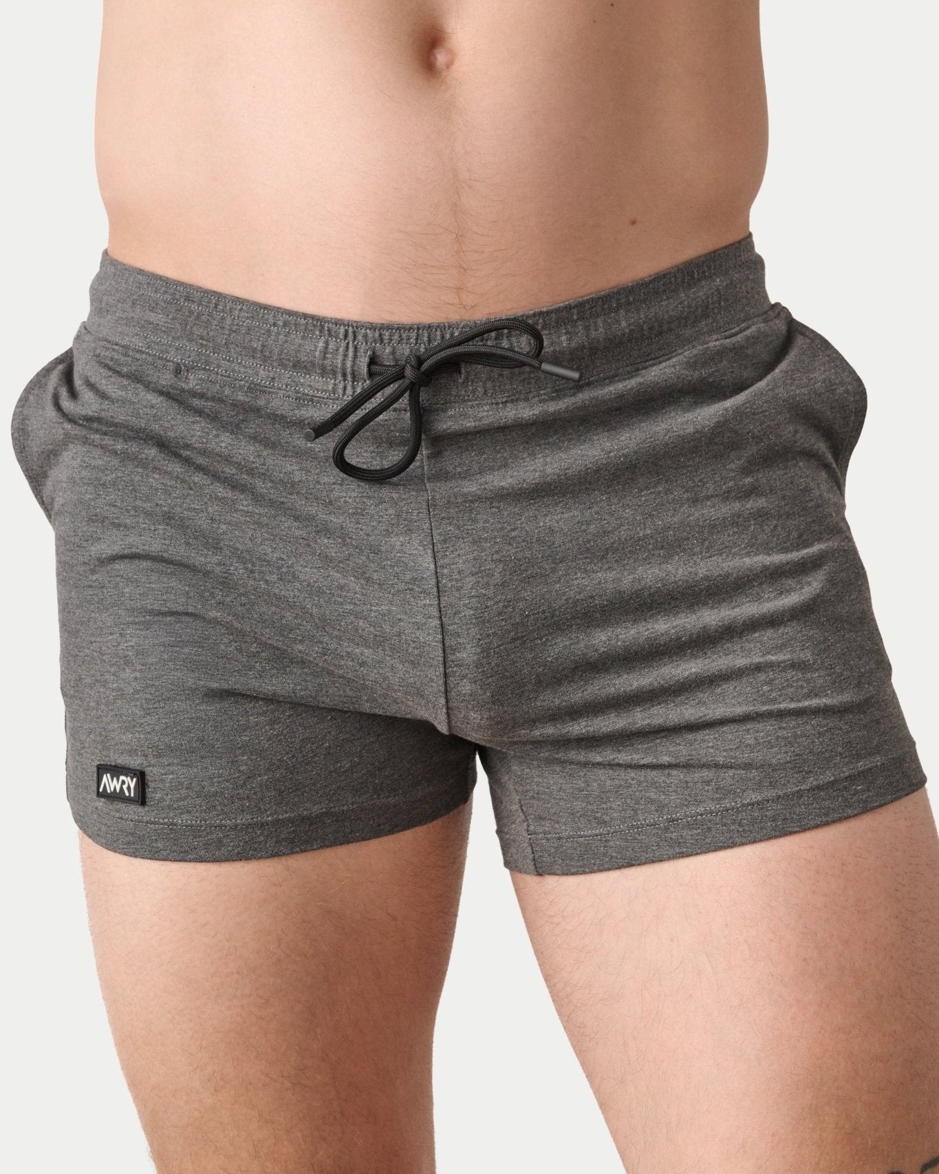 Awry Vers Short V2.1 Heather Gray — men's bamboo athletic short, front view showing form-fitting 4-inch inseam
