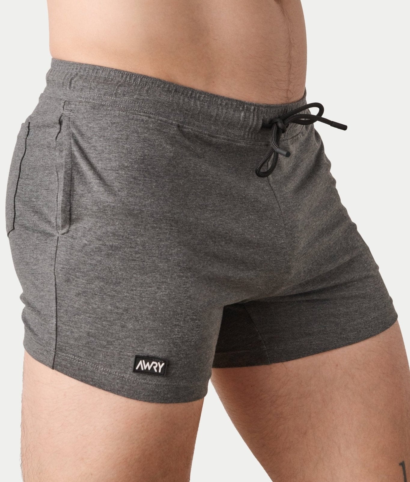 Awry Vers Short V2.1 Heather Gray — side view showing roomy front pocket and drawstring waistband