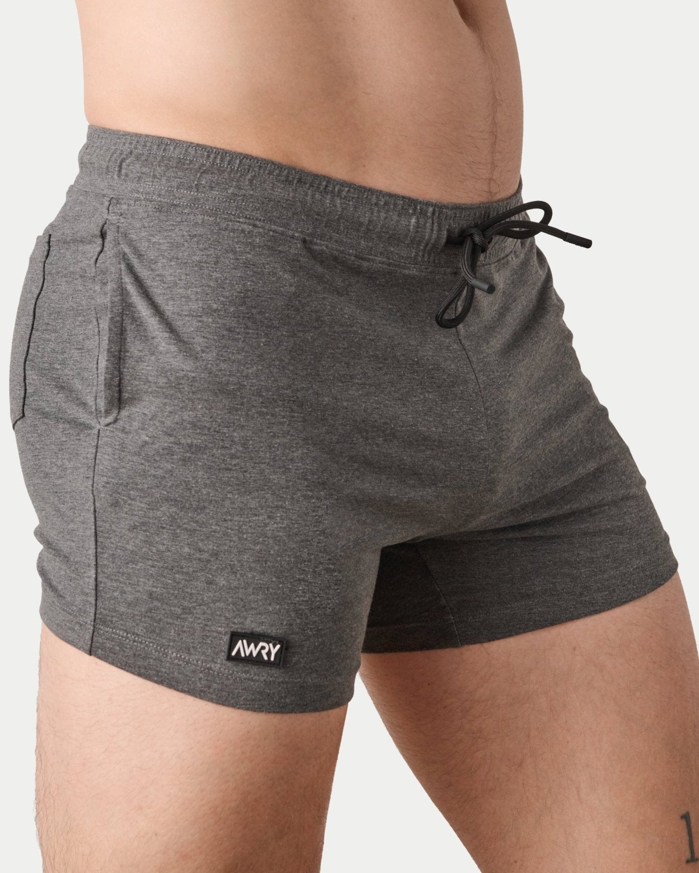 Awry Vers Short V2.1 Heather Gray — side view showing roomy front pocket and drawstring waistband