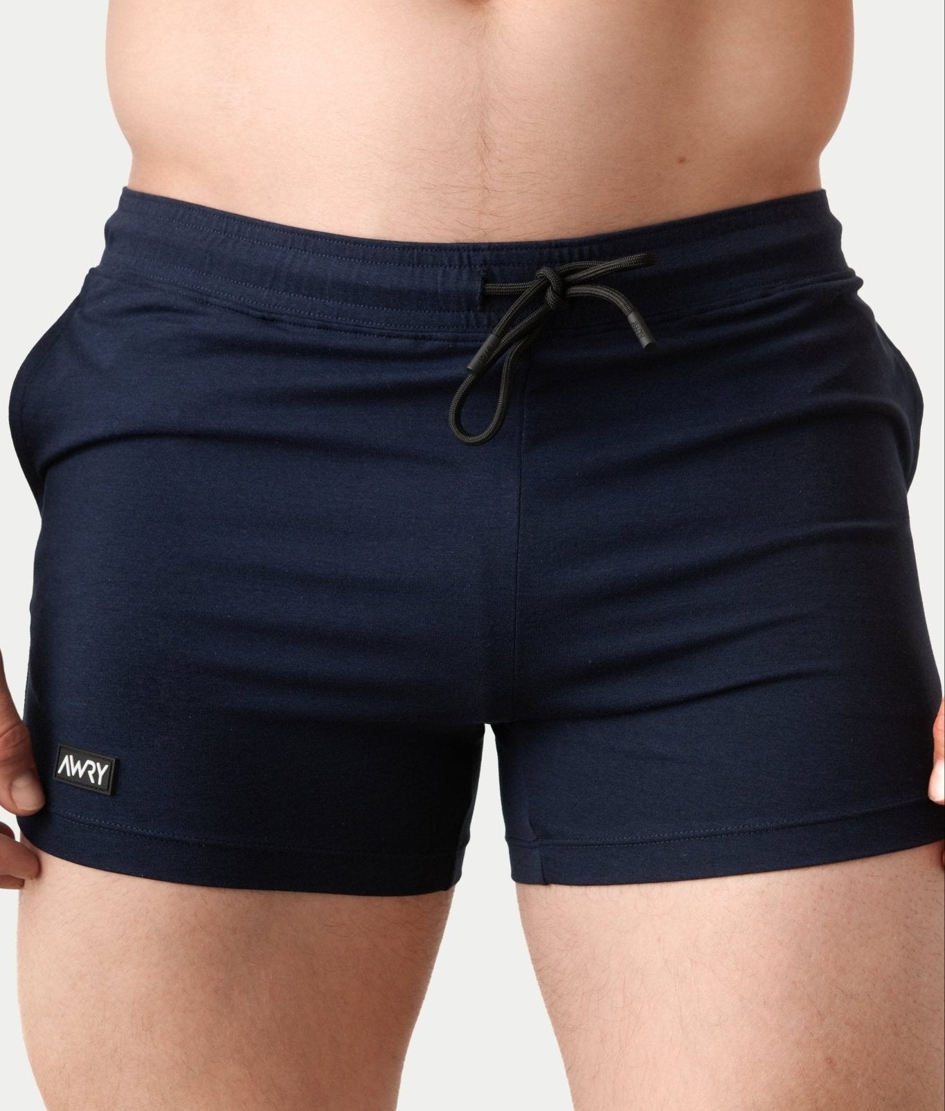 Awry Vers Short V2.1 Navy — men's bamboo athletic short, front view showing form-fitting 4-inch inseam