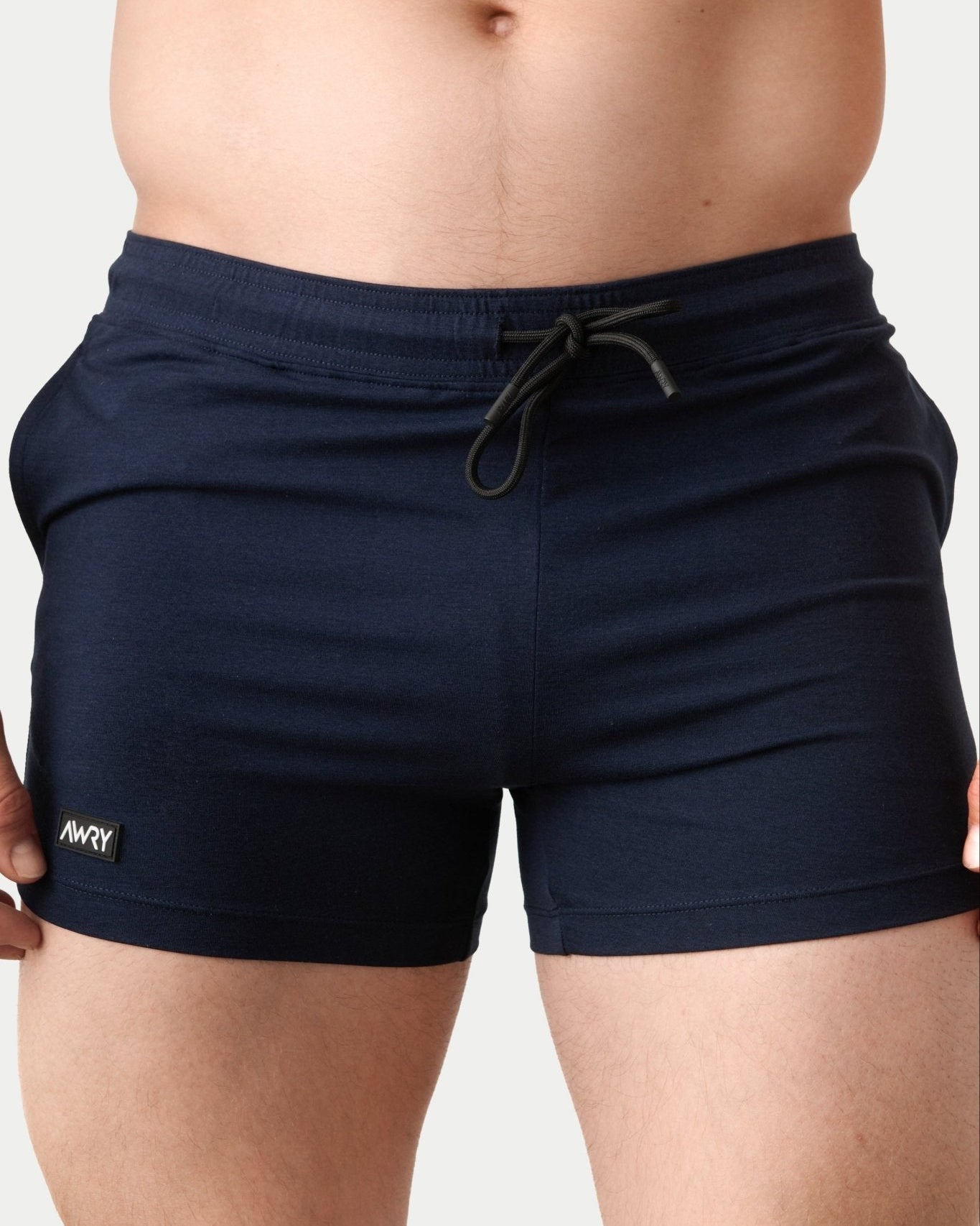 Awry Vers Short V2.1 Navy — men's bamboo athletic short, front view showing form-fitting 4-inch inseam