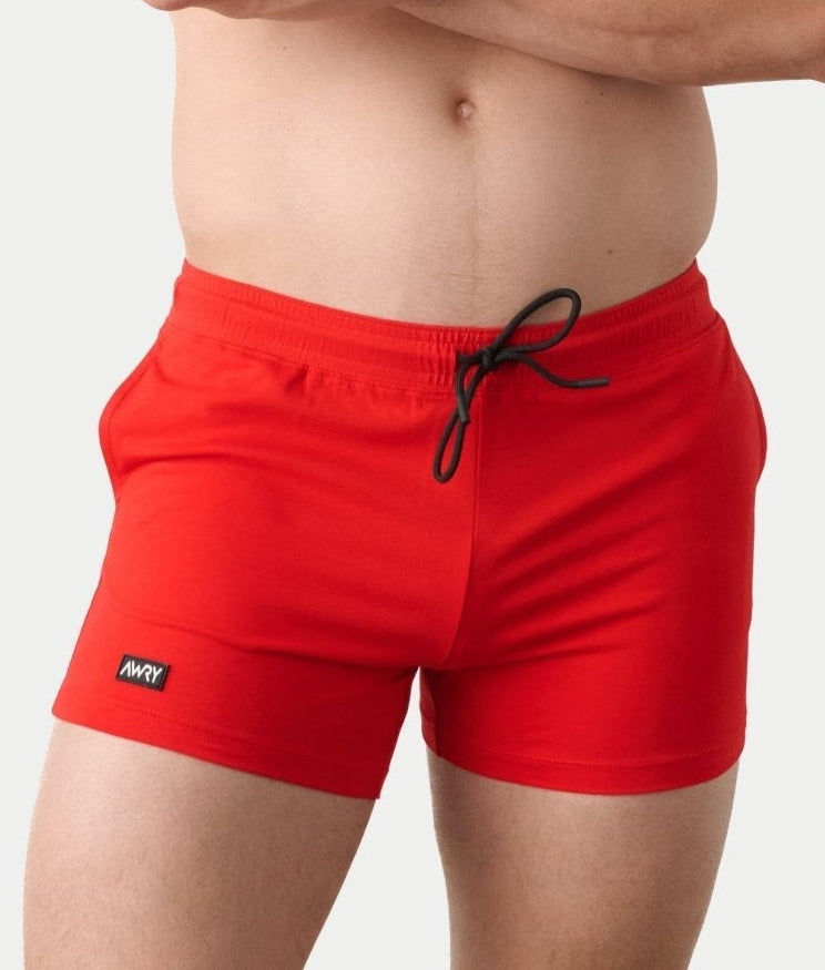 Awry Vers Short V2.1 Red — men's bamboo athletic short, front view showing form-fitting 4-inch inseam