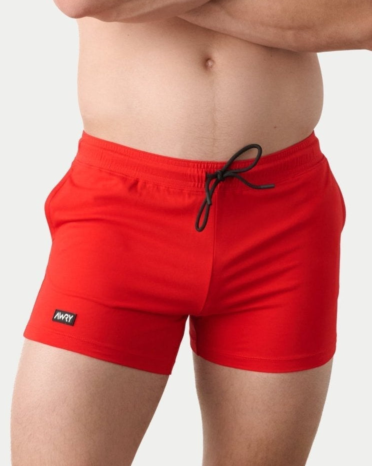 Awry Vers Short V2.1 Red — men's bamboo athletic short, front view showing form-fitting 4-inch inseam