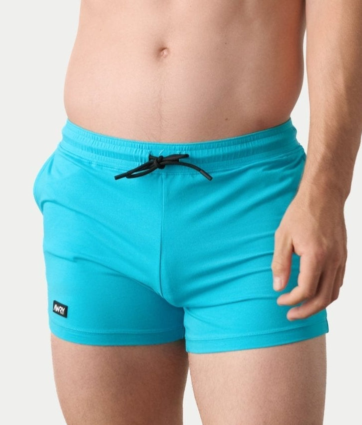 Awry Vers Short V2.1 Sky Blue — men's bamboo athletic short, front view showing form-fitting 4-inch inseam