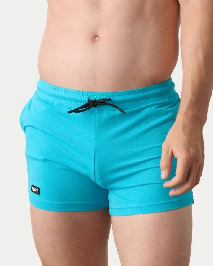 Awry Vers Short V2.1 Sky Blue — men's bamboo athletic short, front view showing form-fitting 4-inch inseam