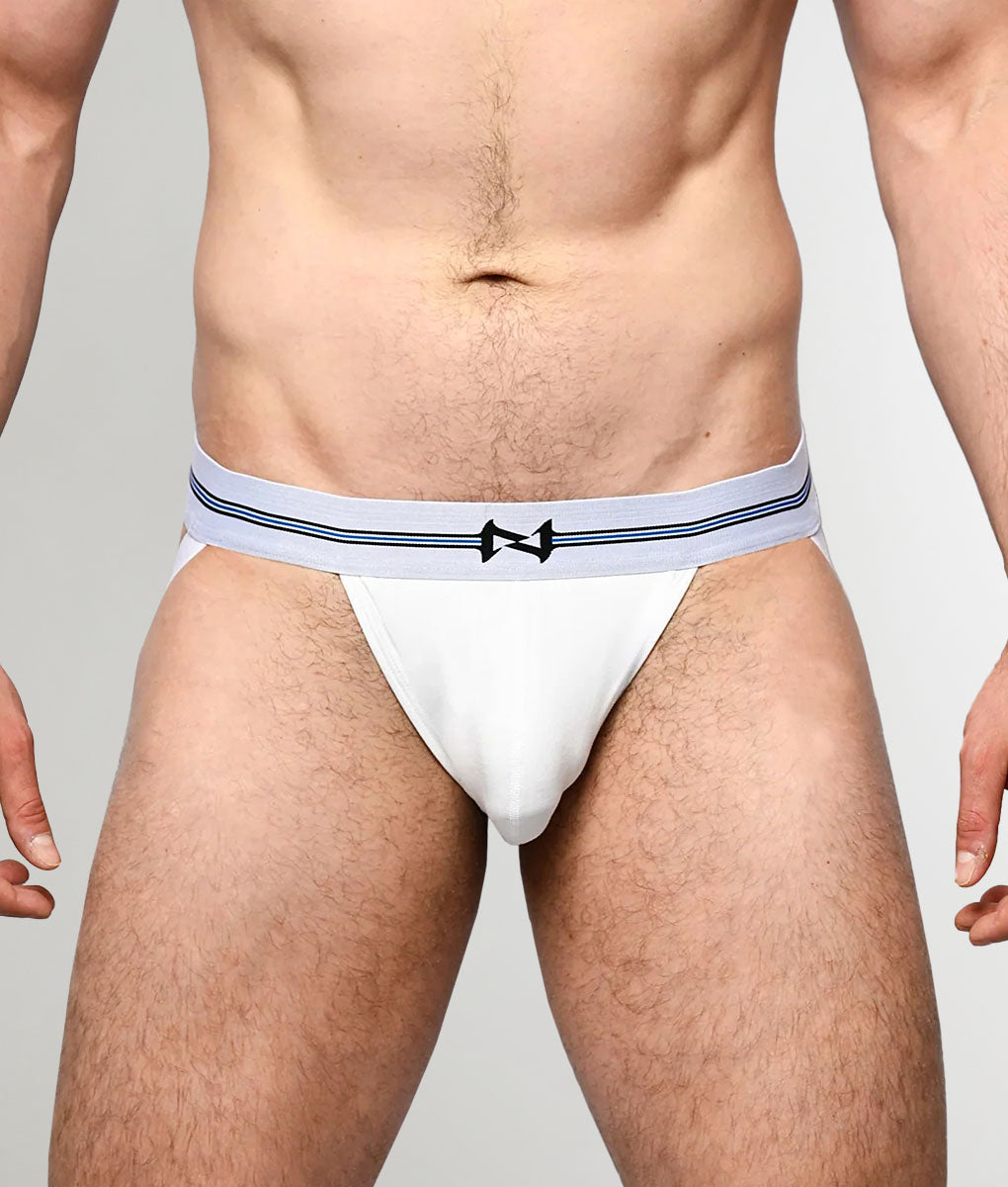 Nero New York Jockstrap White — men's bamboo-cotton athletic jockstrap with contoured pouch, front view