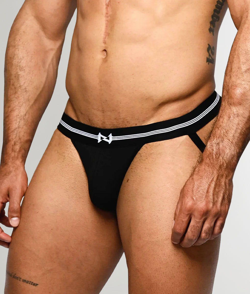 Nero New York Jockstrap Black — men's bamboo-cotton athletic jockstrap, side view
