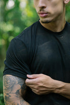 Etalon Not So Basic Tee 01 Black - fabric and raw neckline detail
