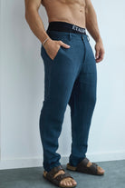 Etalon Perfect Blue Linen Pant - close-up of linen fabric and drawstring