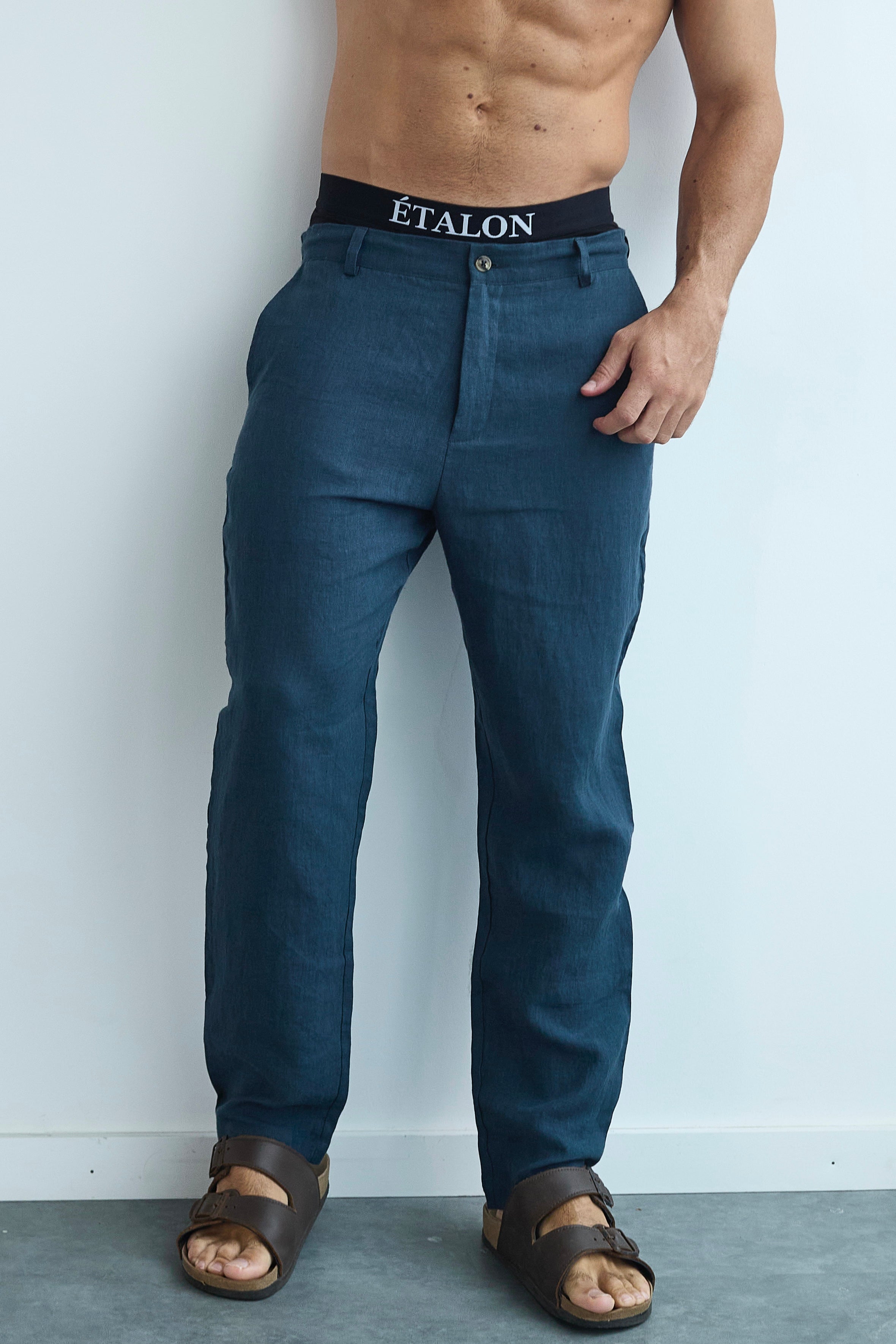Etalon Perfect Blue Linen Pant - men's blue linen pants with drawstring waist, front view