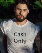 Etalon Cash Only Premium Tee front — bold slogan on body-forming polyester