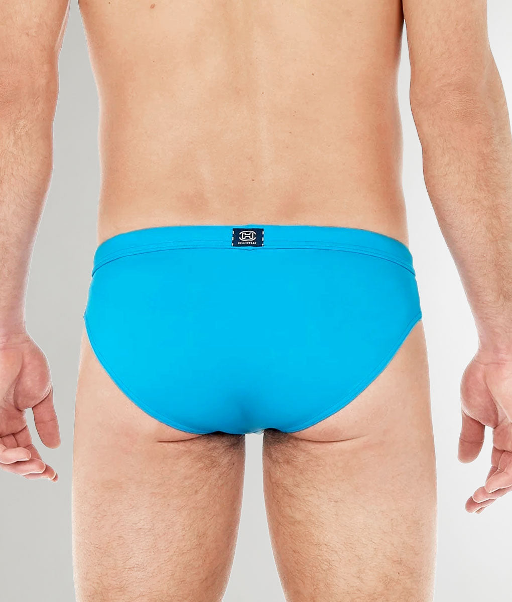 HOM Sea Life Swim Mini Brief Turquoise - men's mini swim brief showing hip silhouette, three-quarter view