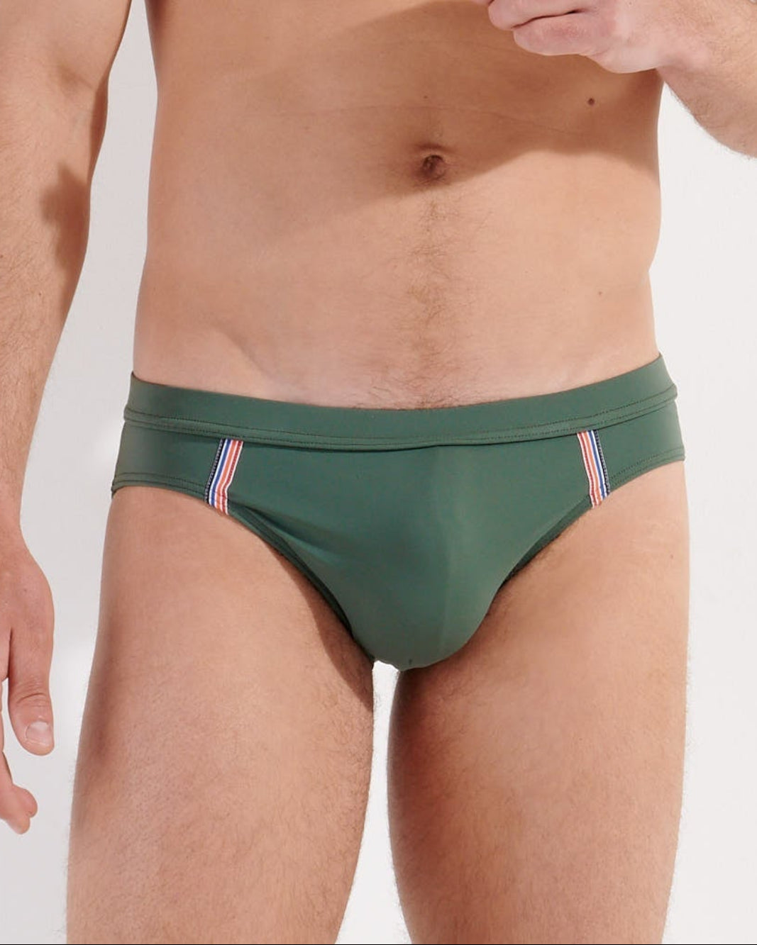 HOM Nautical Cup Swim Mini Brief Khaki Green - men's quick-dry swim brief, lifestyle poolside shot