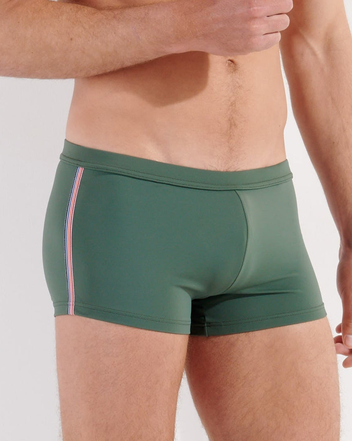 HOM Nautical Cup Swim Trunk Khaki Green - men's preppy swim trunk front view
