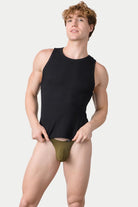 Awry Ribbed Tank Black — men's cropped ribbed tank top, front view