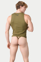 Awry Ribbed Tank Army Green — men's fitted ribbed tank top, back view