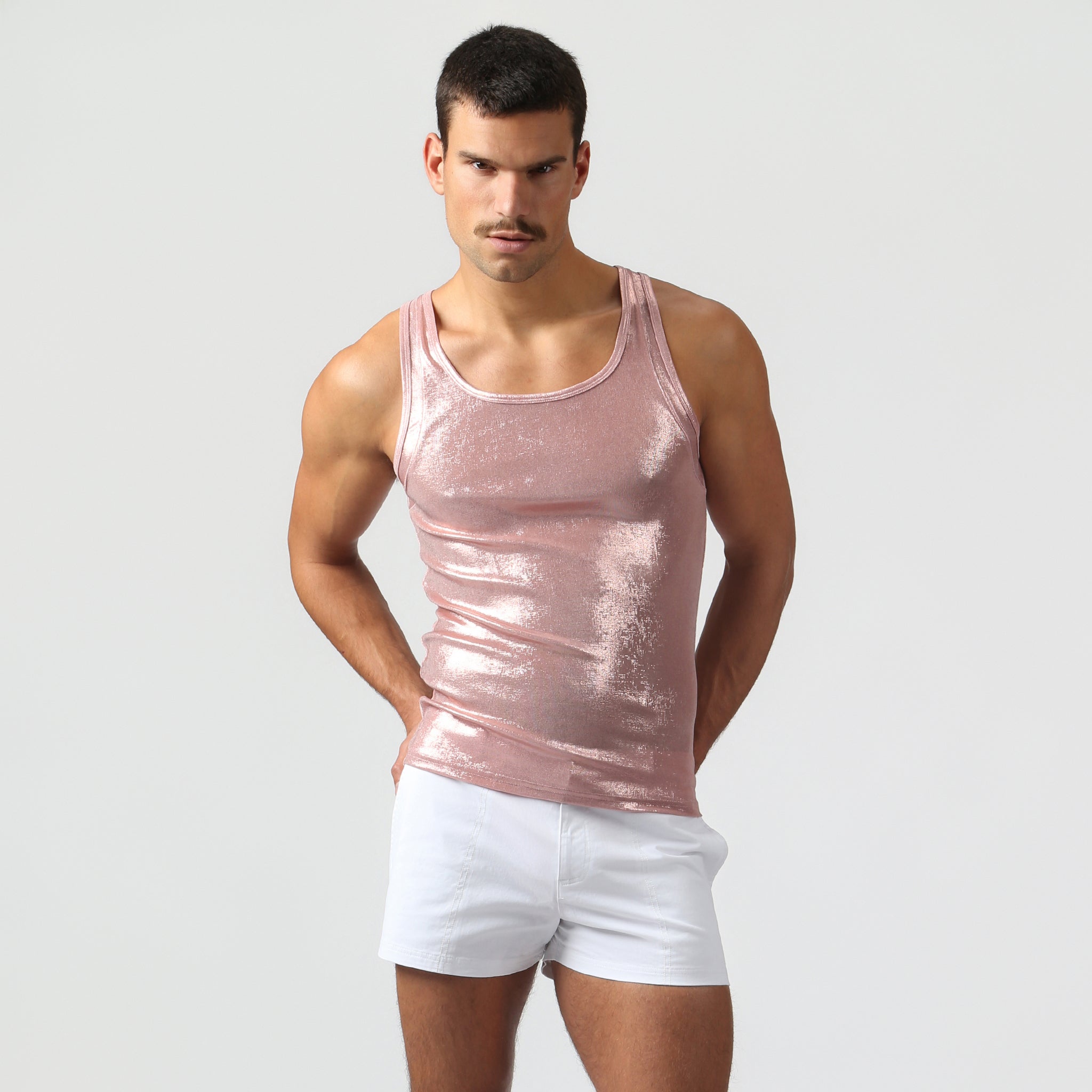 Parke & Ronen Rose Gold Spettacolo Tank Rose Gold — men's metallic tank on model, front view