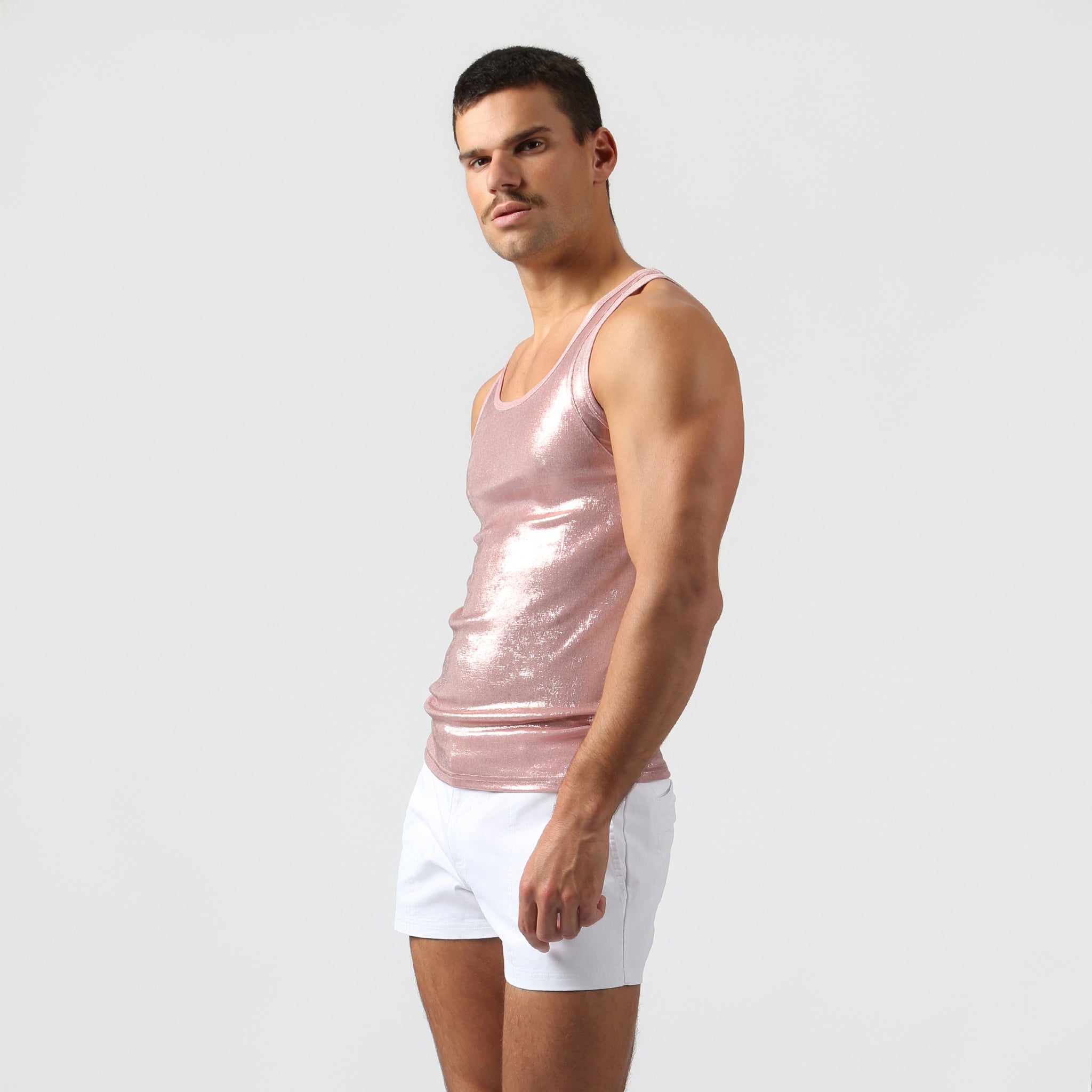 Parke & Ronen Rose Gold Spettacolo Tank Rose Gold — men's Spettacolo tank on model, side view
