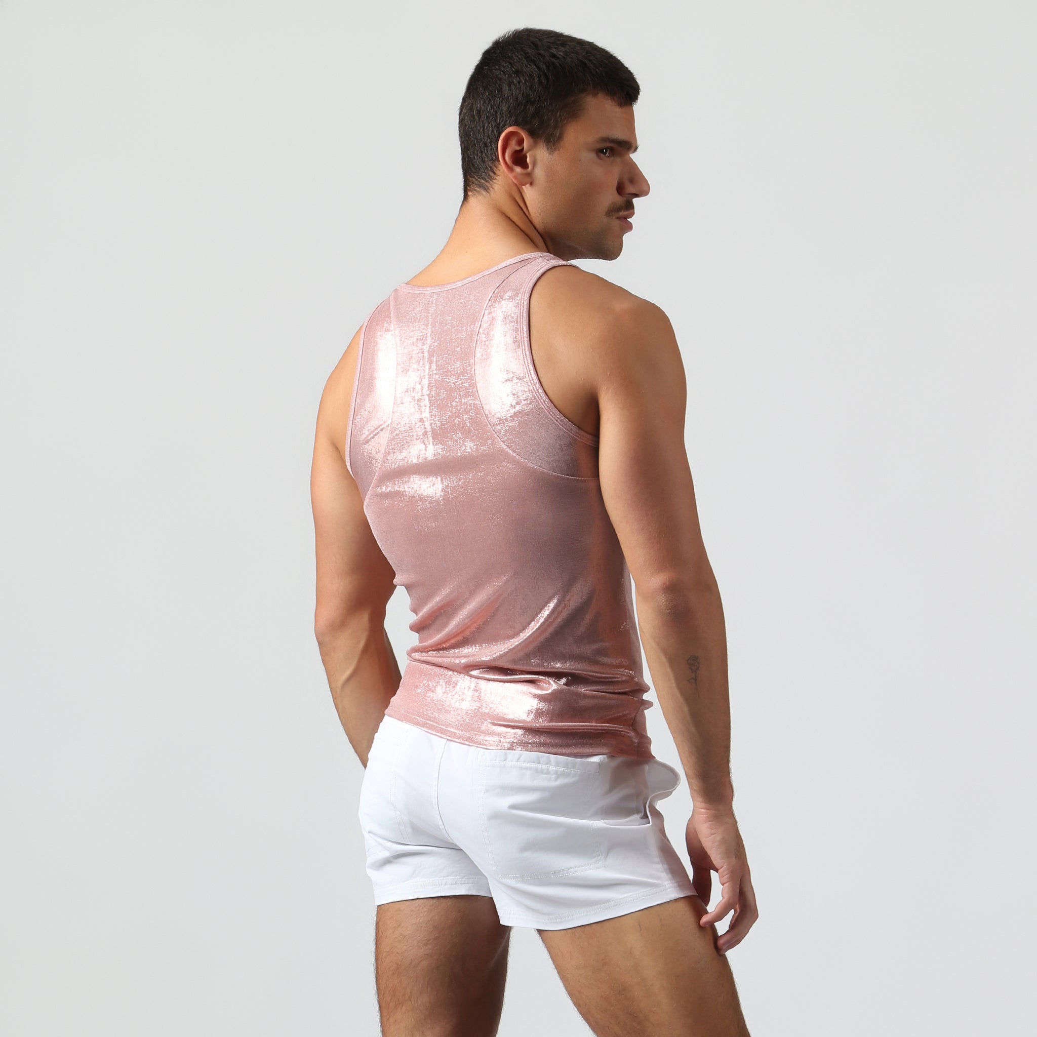 Parke & Ronen Rose Gold Spettacolo Tank Rose Gold — men's metallic tank on model, back view