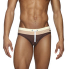 Parke & Ronen Coffee Meridian Swim Brief - men's low-rise swim brief in coffee, front view